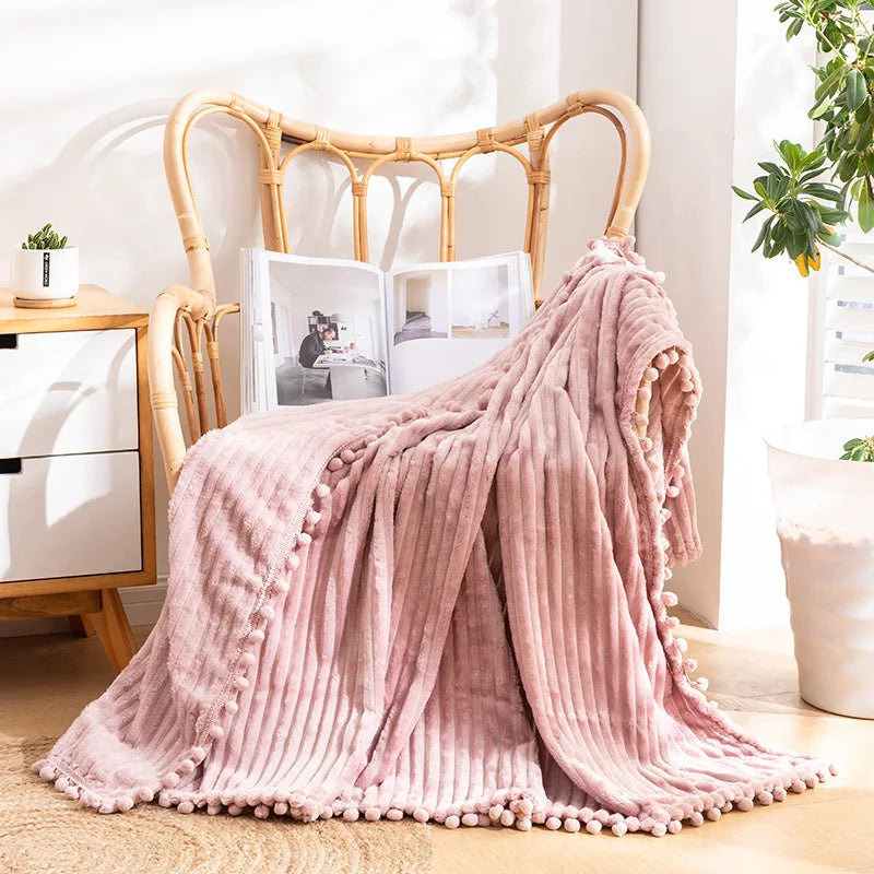 Fleece Throw Blanket with Pom Pom Fringe
