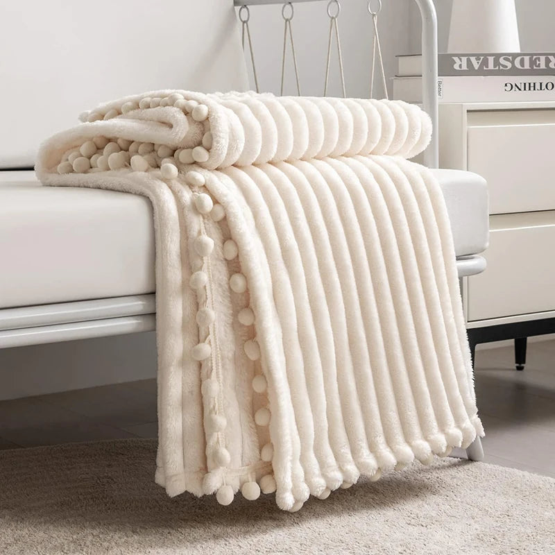 Fleece Throw Blanket with Pom Pom Fringe