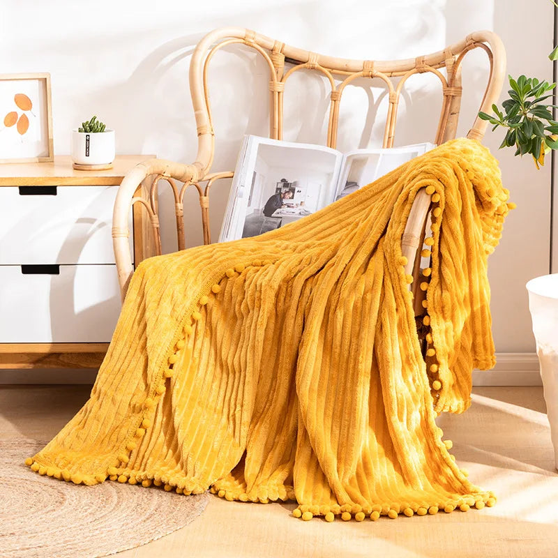 Fleece Throw Blanket with Pom Pom Fringe