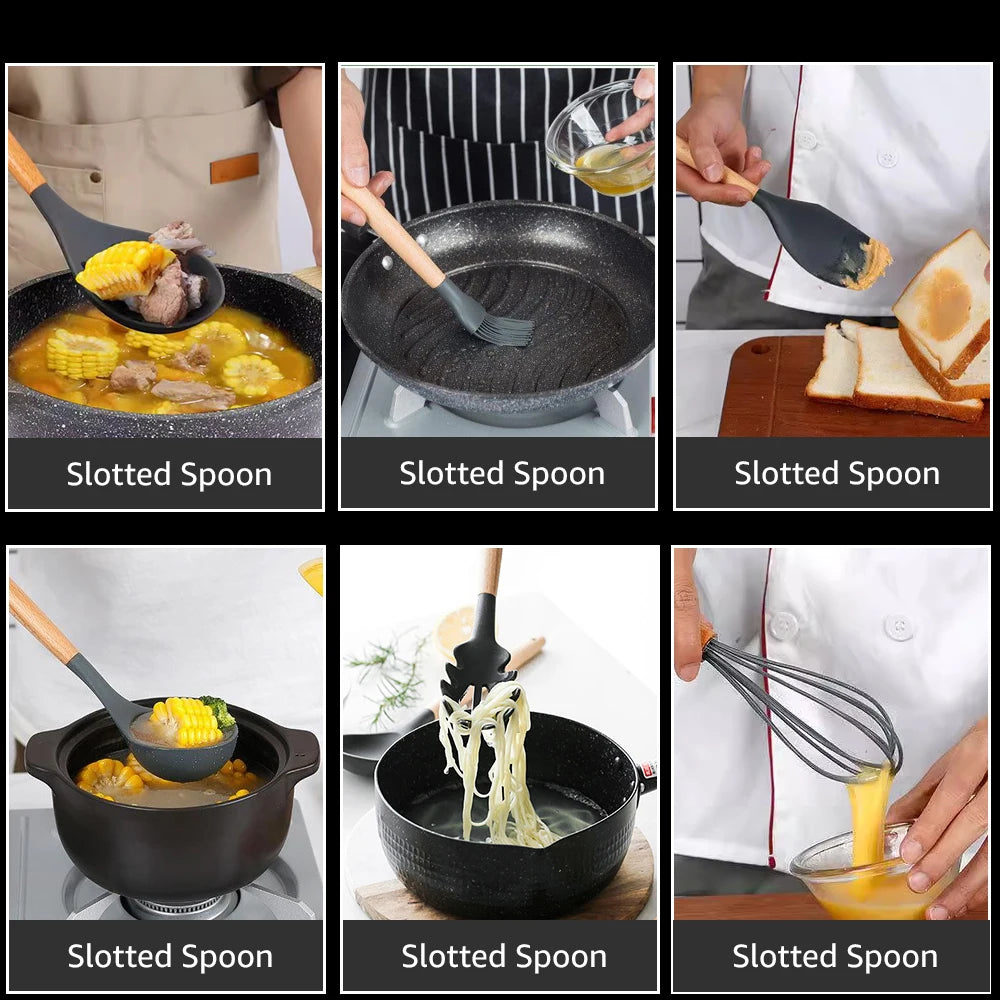 Luxury Silicone & Wood Kitchen Utensils - Heat Resistant & Non-Scratch