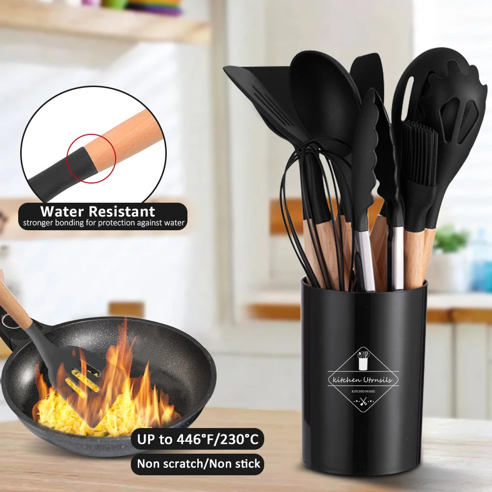 Luxury Silicone & Wood Kitchen Utensils - Heat Resistant & Non-Scratch