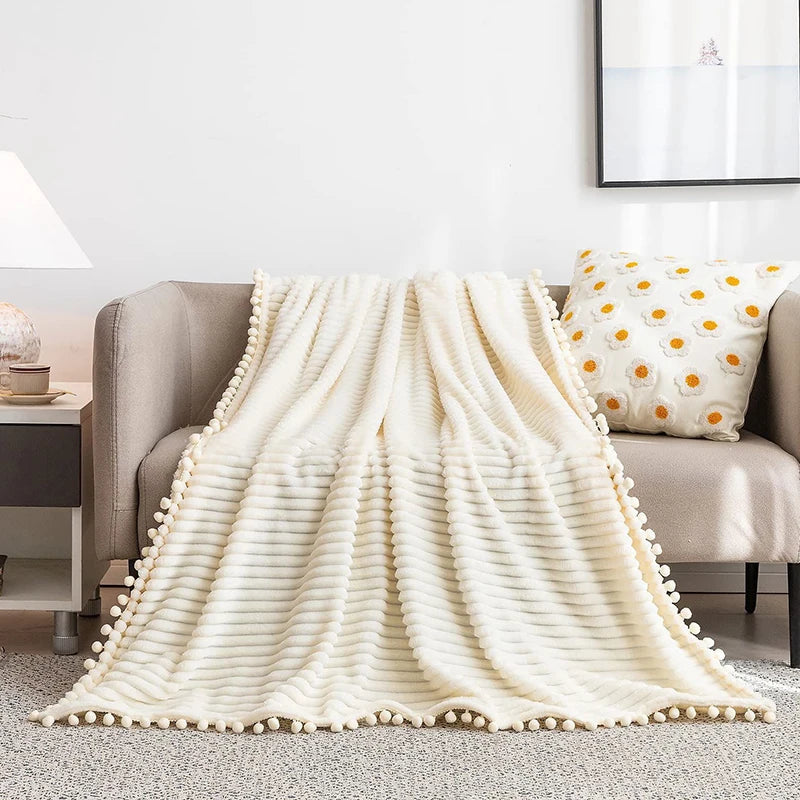 Fleece Throw Blanket with Pom Pom Fringe