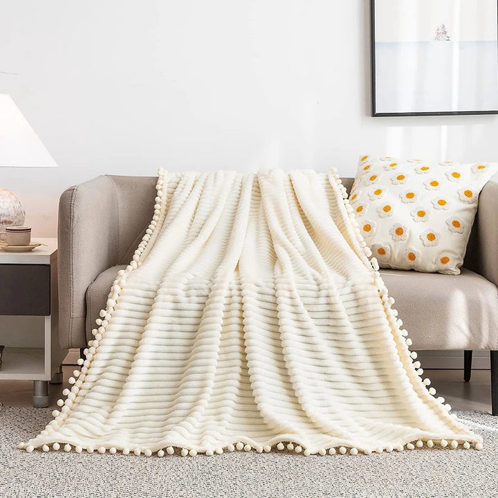 Fleece Throw Blanket with Pom Pom Fringe
