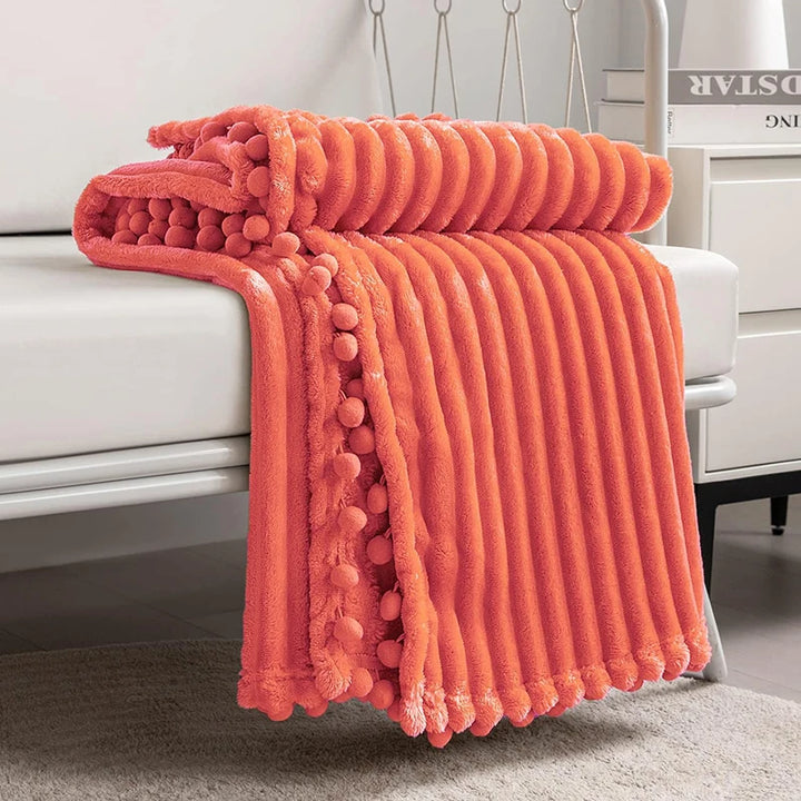 Fleece Throw Blanket with Pom Pom Fringe