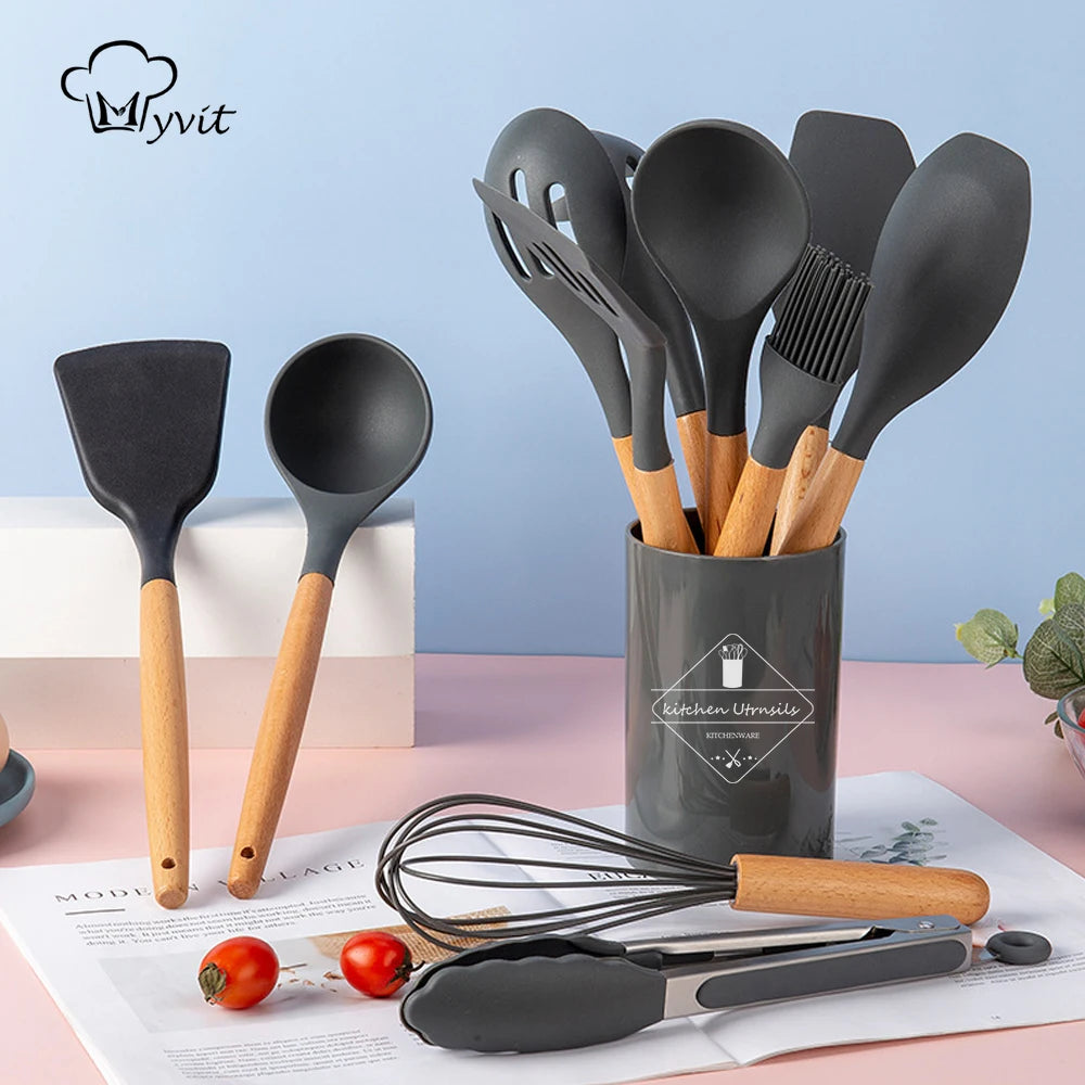 Luxury Silicone & Wood Kitchen Utensils - Heat Resistant & Non-Scratch