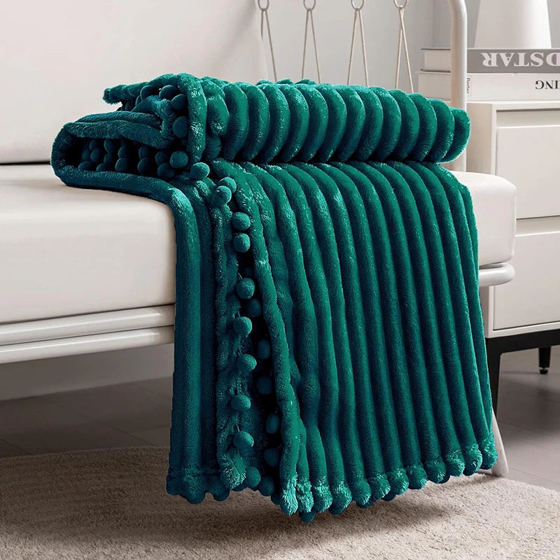 Fleece Throw Blanket with Pom Pom Fringe