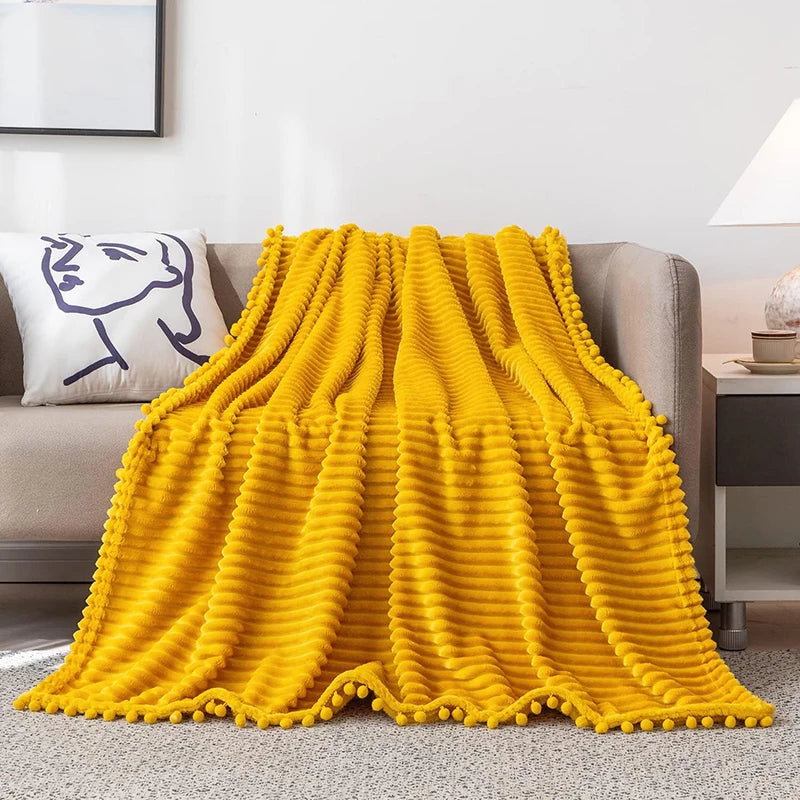 Fleece Throw Blanket with Pom Pom Fringe