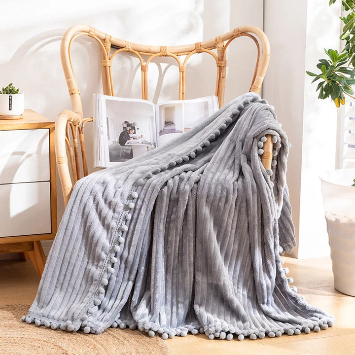 Fleece Throw Blanket with Pom Pom Fringe