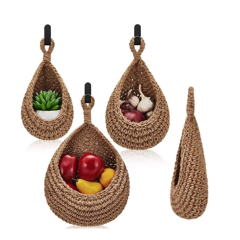 Set of 3 Bohemian Teardrop Handwoven Linen Baskets