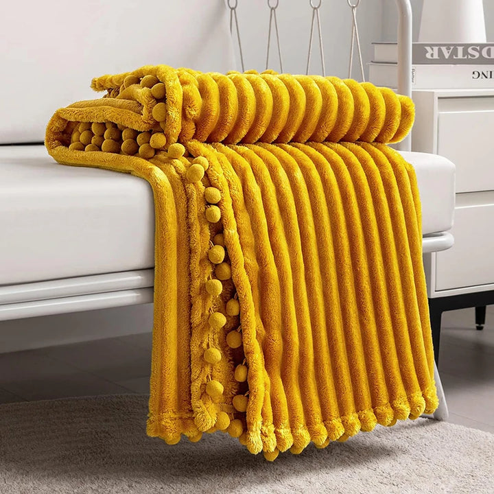 Fleece Throw Blanket with Pom Pom Fringe