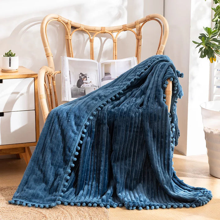 Fleece Throw Blanket with Pom Pom Fringe