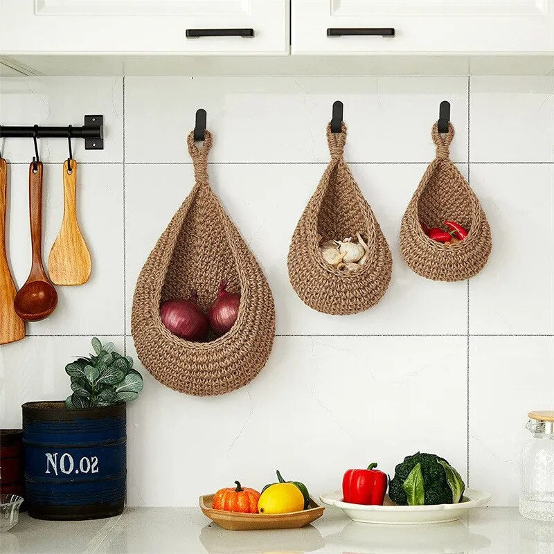 Set of 3 Bohemian Teardrop Handwoven Linen Baskets