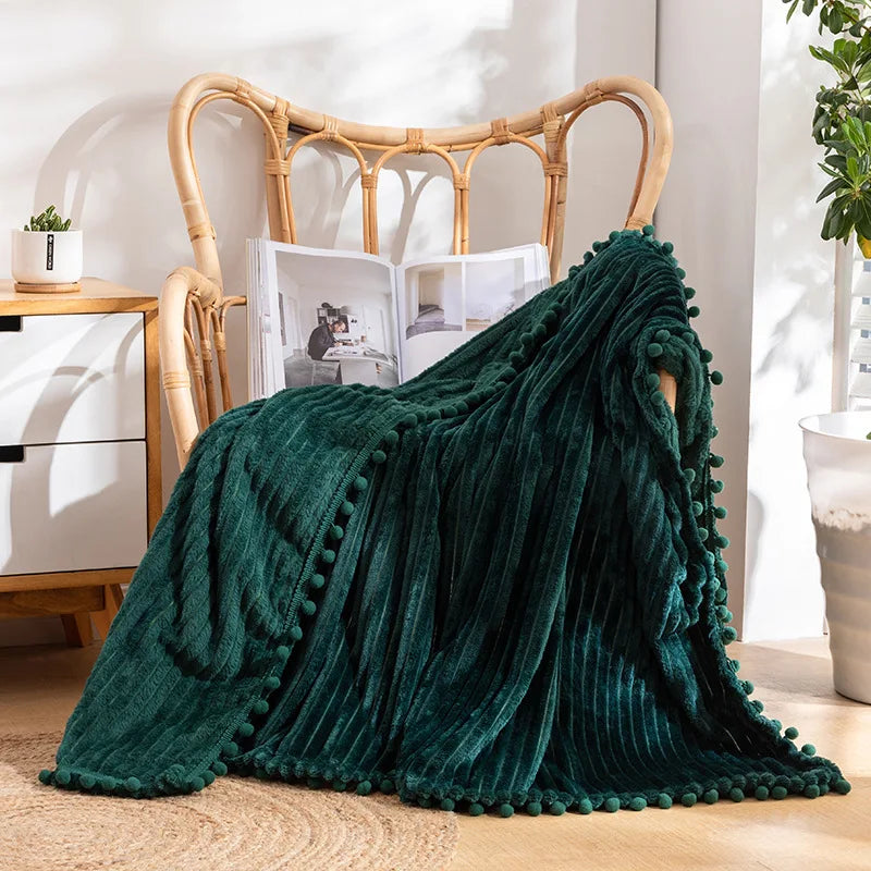 Fleece Throw Blanket with Pom Pom Fringe