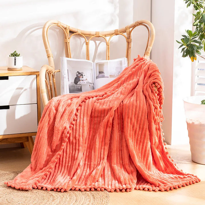 Fleece Throw Blanket with Pom Pom Fringe