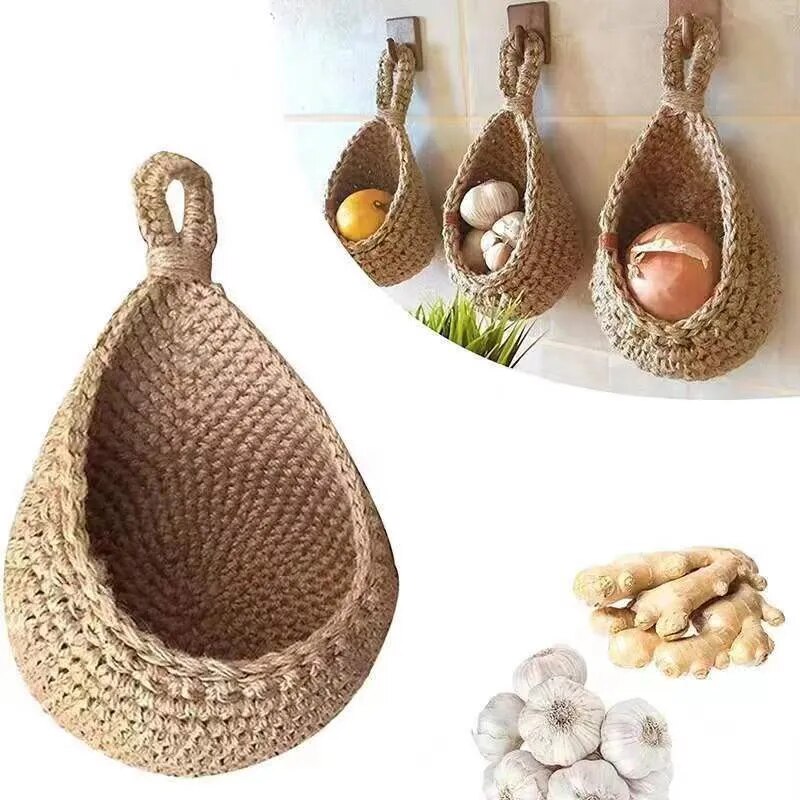 Set of 3 Bohemian Teardrop Handwoven Linen Baskets