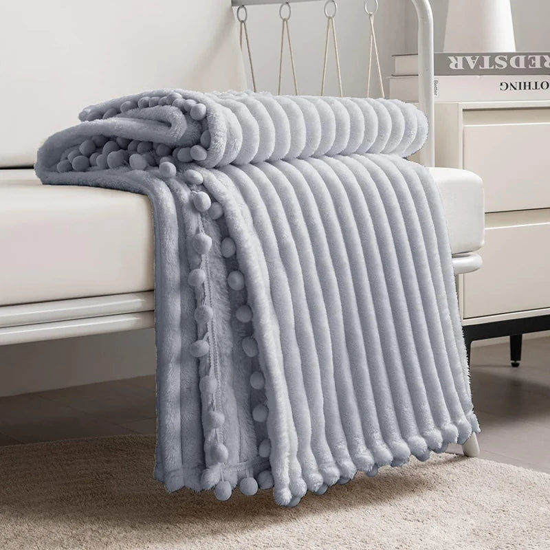 Fleece Throw Blanket with Pom Pom Fringe