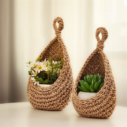 Set of 3 Bohemian Teardrop Handwoven Linen Baskets