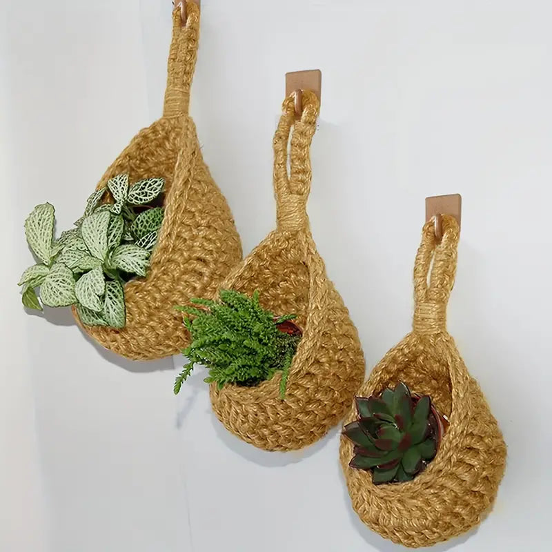 Set of 3 Bohemian Teardrop Handwoven Linen Baskets