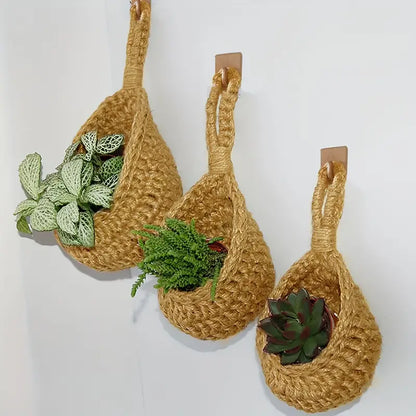 Set of 3 Bohemian Teardrop Handwoven Linen Baskets